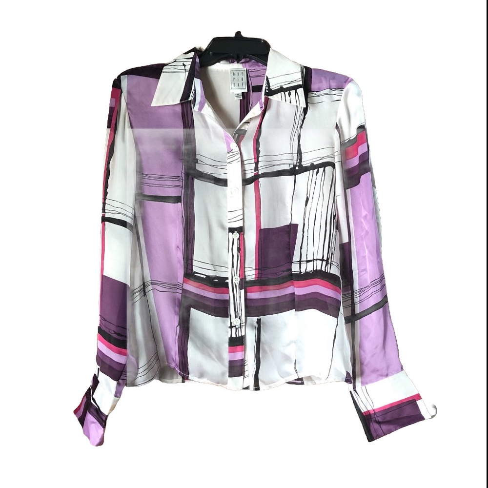 Due Per Due Collared Silk Abstract Button Front Long Sleeve Blouse Size 10P